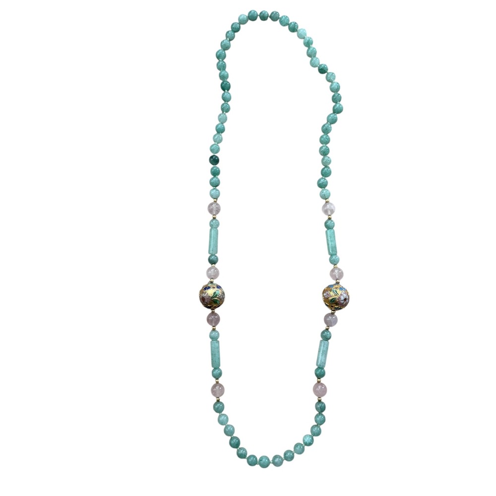 Vintage Amazonite Rose Quartz Cloisonne Bead Necklace Floral 26" Green Pink Gold